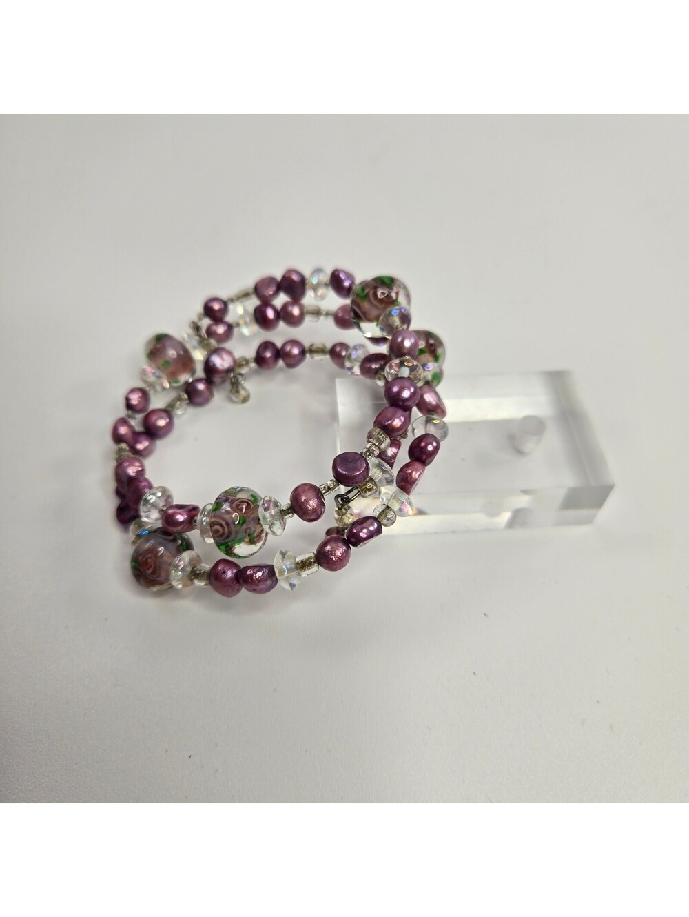 Memory Wire Wrap Bracelet Freshwater Pearl Lampwork Glass Crystal Lavender